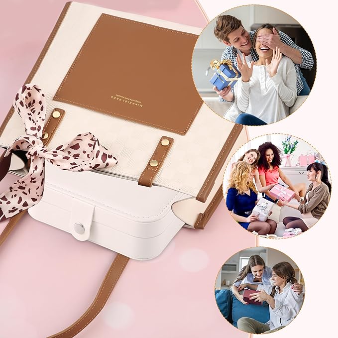 Travel Jewelry Box, PU leather Small Jewelry Organizer For Female Girls, double layer portable mini travel case for storing earrings, rings, necklaces.(Bright White)