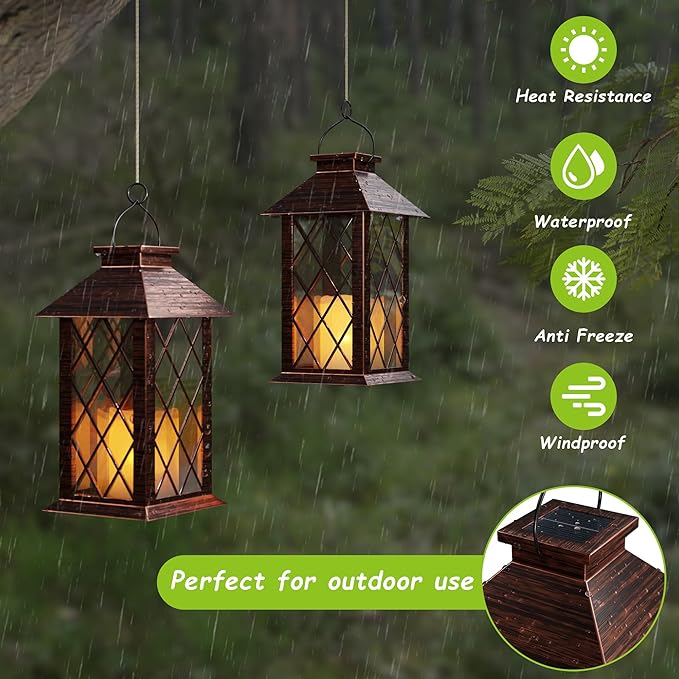 Outdoor Solar Lanterns, Waterproof Hanging Lantern with LED Flickering Flameless Candle, 13'' Bronze Outdoor Solar Powered Lantern Decor for Porch Patio Garden Balcony Pathway, 2 Pack