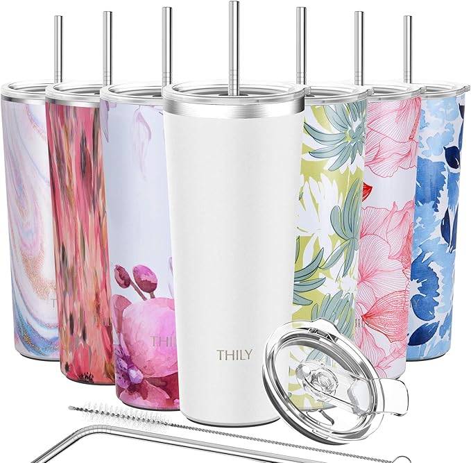 THILY Vacuum Insulated Tumbler Stainless Steel 26 oz Coffee Cup with 2 Lids and Straws, Powder Coated Travel Mug, Keeps Ice Drinks Cold, White