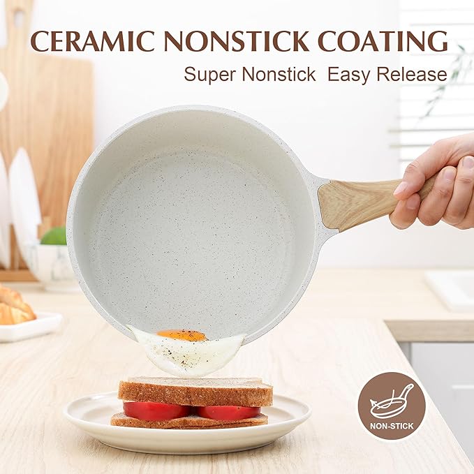 SENSARTE White Ceramic Nonstick Saucepan with Lid 2.5 Quarts, Medium Cooking Pot with Stay Cool Handle, Induction Compatible Saucepot, White Granite Coating, Free of Intentionally Added PTFE/PFOA/PFAS