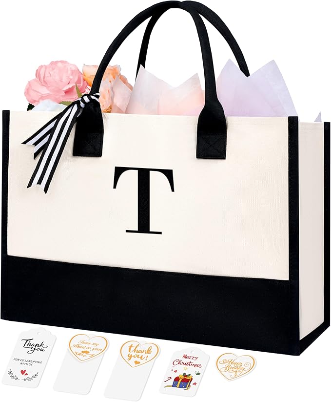 BAGAIL Initial Tote Bag, Personalized Birthday Gifts for Women, Teacher, Friends, Mom, Wedding, Monogrammed Beach Bag