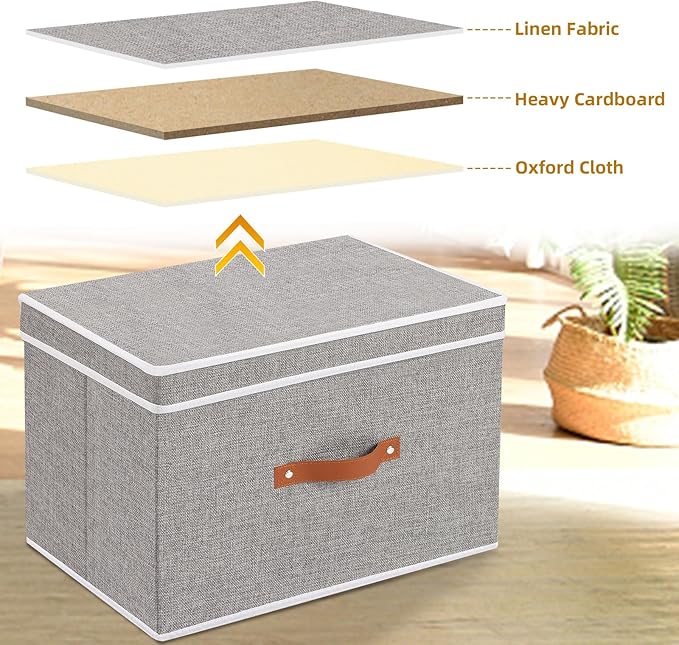 Collapsible Storage Bins with Lids, Linen Foldable Cloth Baskets, 17.7 x 11.8 x 11.8 Inch Closet Organizer Containers with Double Handles, Sweater Boxes for Bedroom, Grey, 3 Pack