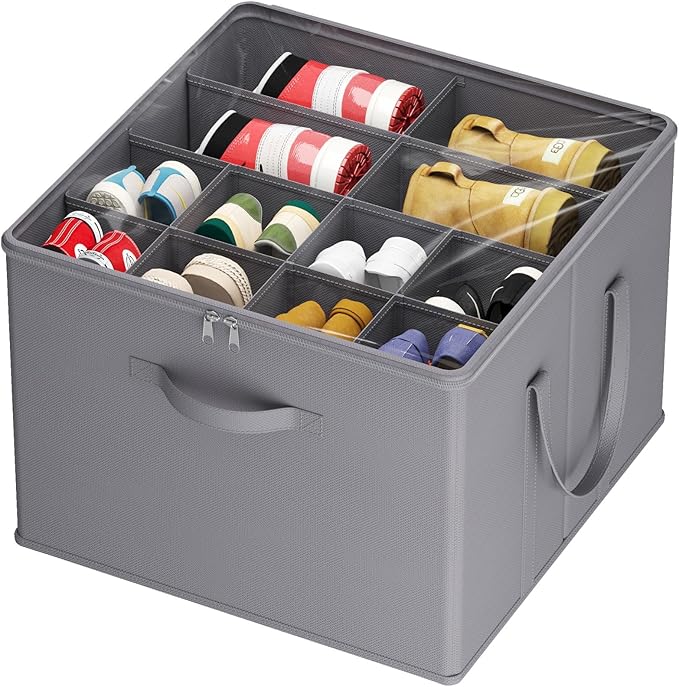 Lifewit Shoe Storage Organizer for Closet, Fits 12-16 Pairs, Large Shoe Box Storage Containers with Clear Cover and Reinforced Handles, Foldable Storage Bins Fit for Boots Heels Sneakers, 1 Pack Gray
