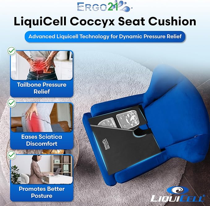 LiquiCell Coccyx Seat Cushion, Aid for Tailbone Pain Relief, Sciatica Pain, Back Support | Donut Like Butt Pillow for Long Hours Sitting at Home/Office Chair (18W x 17L x 2.5H)