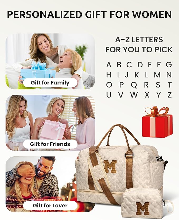 Beach Essentials 11 12 13 14 15 16 17 18 Year Old Girls Gifts-Initial Duffle Bag with Shoe Compartment, Personalized Weekender Bag, Travel Bag with Makeup Bag，Birthday Gift for Her (Letter T)