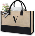 TOPDesign Initial Jute/Canvas Tote Bag, Personalized Present Bag, Suitable for Wedding, Birthday, Beach, Holiday, is a Great Gift for Women, Mom, Teachers, Friends, Bridesmaids (Letter V)