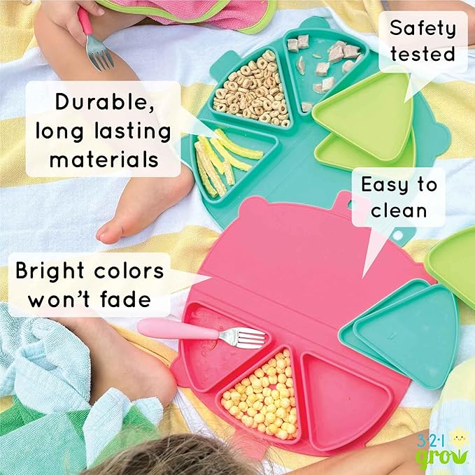 On-The-Go Snack Mat – Baby Silicone Travel Dining Placemat – Portable Silicone Toddler Plate – Reusable Snack Container with 3 Compartments and Lids for 6 Months + (Aqua)