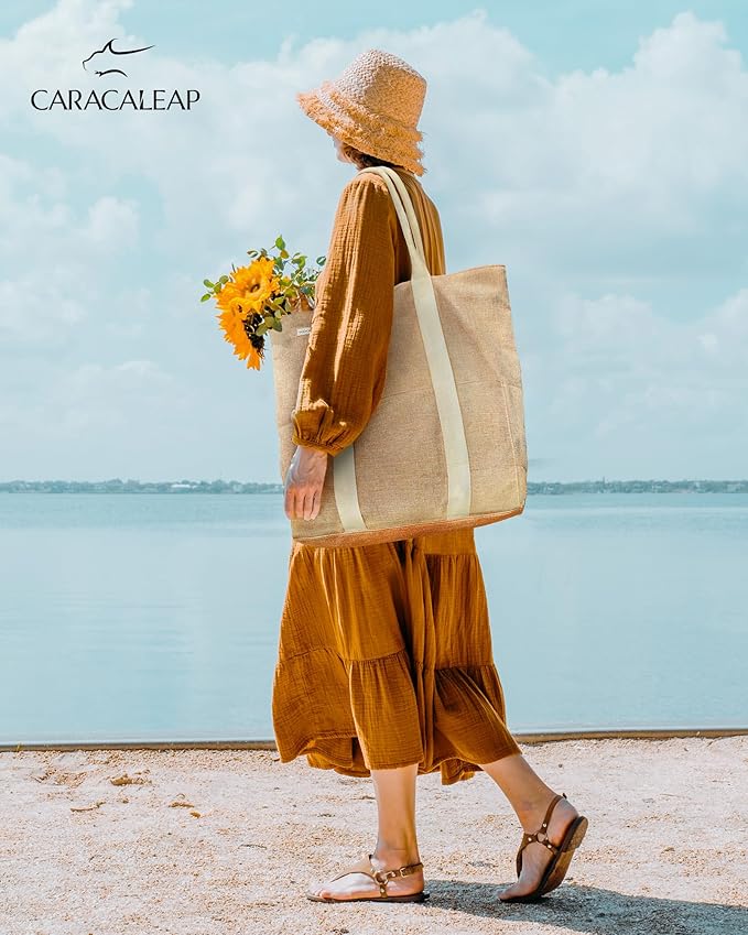 Large Beach Tote Bag with Zipper-Travel Tote Bag for Women with Sun Hat Holder Strap Boho Summer Beach Tote