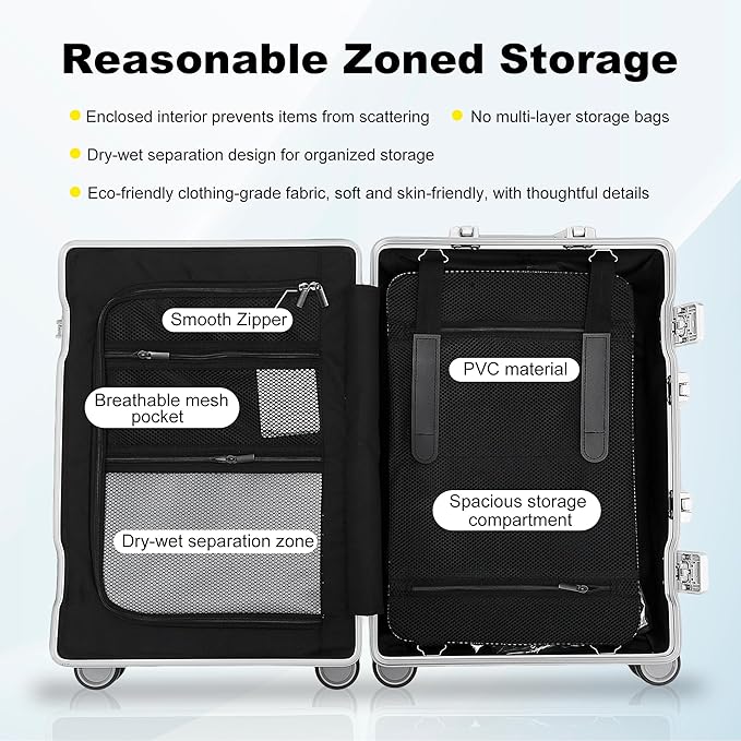 YYW Aluminum Carry-On Luggage Airline Approved Lightweight Suitcase with TSA Lock and Silent Wheels, Hardshell Spinner Business Travel (silver, 24in)