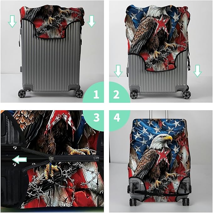 Luggage Cover + Tag, Eagle American Flag Travel Suitcase Protector for 29-30 inch Luggage (XL) with Concealed Zipper, Washable Elastic Cloth, Dustproof, Anti-Scratch