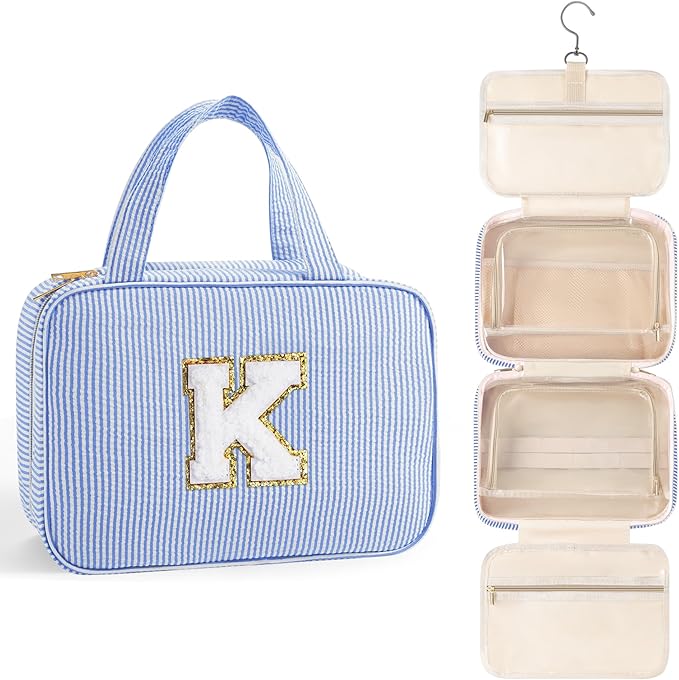 TOPEAST Hanging Travel Toiletry Bag for Women, Toiletries Travel Bag and Makeup Bag, Portable Travel Bag for Toiletries, Cruise Ship Travel Essentials - Letter K, Blue