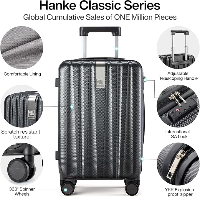 Hanke Luggage Sets 3 piece Carry On Luggage with Wheels PC Hard Shell Suitcases Lightweight Checked Travel Luggage Large Travel Suitcase Woman Men 20/24/29 Inch(Jet Black)