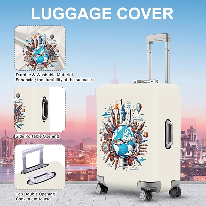 ANNA QUEEN Travel Around the World Luggage Cover, Colorful Landmark Suitcase Protector with Airplane & Globe Design, Stretchable, Washable Travel Sleeve for 24-26 Inch Luggage