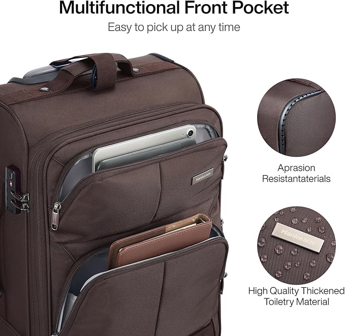 Hanke 20 Inch Softside Expandable Carry On Luggage with Spinner Wheels, Rolling Suitcase Travel Luggage with TSA Approved Luggage,Coffee