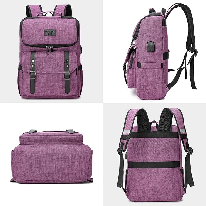 YALUNDISI Vintage Backpack Travel Laptop Backpack with usb Charging Port for Women & Men College Backpack Fits 15.6 Inch Laptop Purple