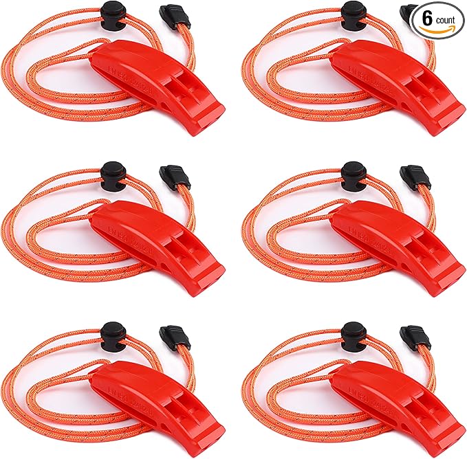 JULBEAR 6PCS Safety Survival Whistles with Adjustable Reflective Lanyard Emergency Plastic Whistle Marine Whistle