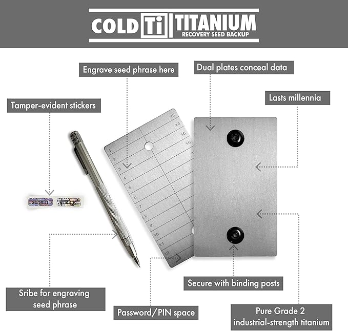 ColdTi - Titanium Bitcoin Seed Plates for Ultra-Secure Ethereum and Crypto Seed Phrase Storage (2 Plates w / 1 Scribe & Anti-Tamper Seals) - Premium Seed Phrase Metal.