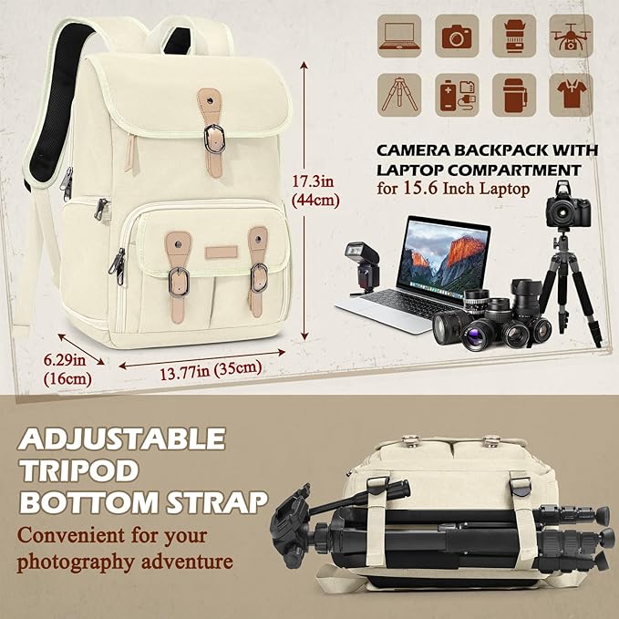RAINSMORE Camera Bag Backpack for DSLR/SLR Mirrorless 15.6 Inch Laptop Camera Back Pack for Photographers Anti-Theft Photography Bags Case with Tripod Holder & Rain Cover, Beige