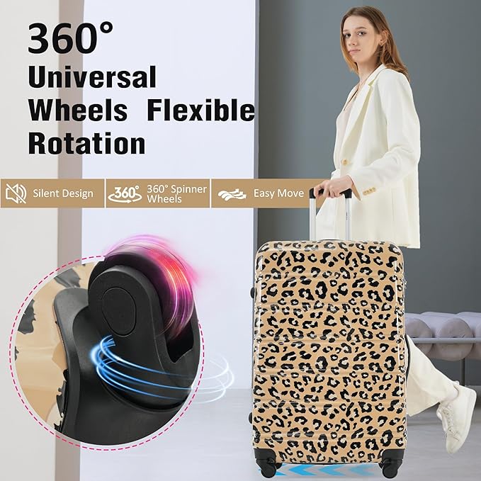 Merax Luggage Sets 3 Piece, Hardside Expandable Suitcase Set with Spinner Wheels, Lightweight Leopard Luggage 20+24+28 IN,Leopard Brown