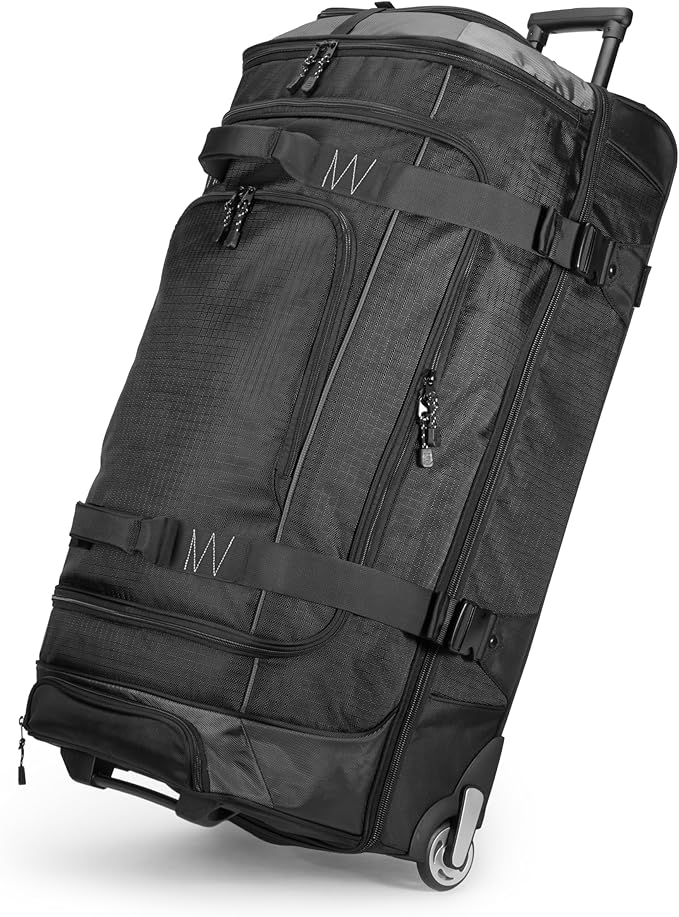 Amazon Basics 30-Inch Large Rolling Duffle Bag with Wheels and Handle, Travel Duffle Bag with Durable Ripstop Polyester Material, 2 Layers of Space, Multiple Interior and Exterior Pockets, Black