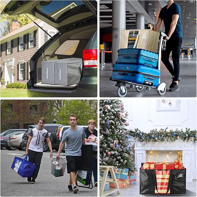 BALEINE 4-Pack Oversized Moving Bags with Reinforced Handles, Heavy-Duty Storage Tote for Clothes, Moving Supplies (Grey with Window, 4 Pack)