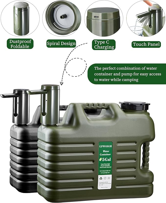 Portable 5 Gallon Water Jug with Automatic Touch Control Pump,Truly No Leakage Water Container with Spigot,Type-C Rechargeable Military Green Water Pump Gear for Outdoors Camping Hiking