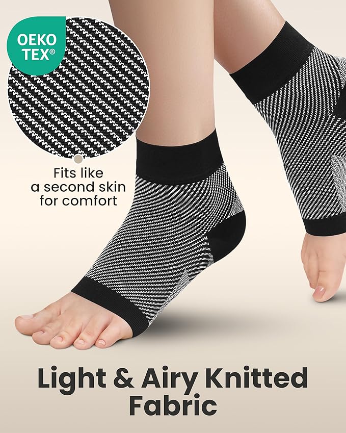 KEMFORD Ankle Compression Sleeve - Plantar Fasciitis Braces - Open Toe Compression Socks for Swelling, Sprain, Neuropathy, Foot Arch Support for Men and Women - 20-30mmhg, L, Black and White