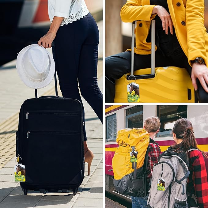 Luggage Tags for Suitcase,2 Pack Horse in Field of Sunflowers Luggage Tag with Privacy Flap,Name ID Label and Metal Loop for Women Men Girls Baggage Bag Backpack Instrument