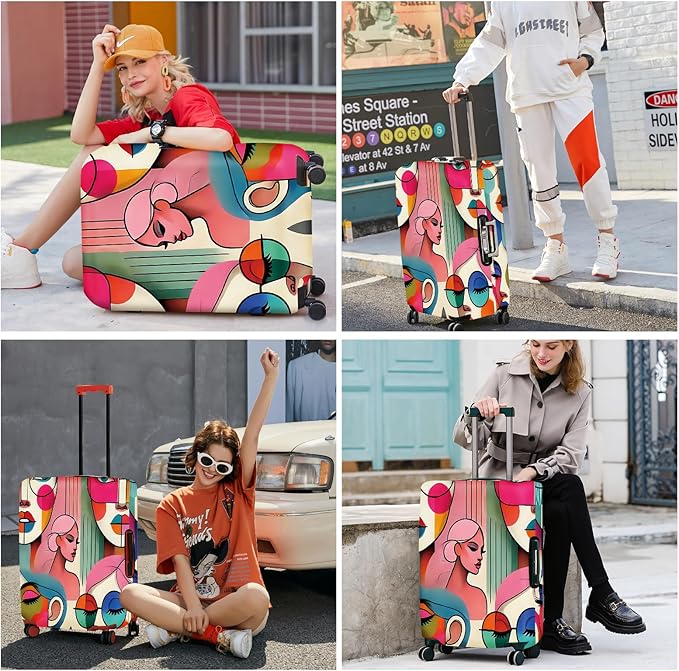 ANNA QUEEN Modern Art Fashion Luggage Cover, Stylish Abstract Woman Suitcase Protector, Washable, Stretchable Travel Sleeve for 24-26 Inch Luggage, Trendy, Colorful Design