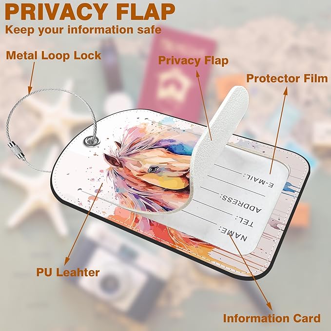 2 PCS Leather Luggage Tags for Suitcase Watercolor Horse Travel Luggage Tag with Privacy Flap Name ID Label and Metal Loop for Travel Bag Suitcase