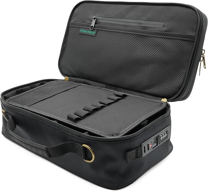 Large Storage Case with TSA Combination Lock Bag, Portable Carbon Lined, XL Medicine Lockable Box for Travel & Home Secured Box Organizer Divider Jars Accessories, Removable Tray (Black)