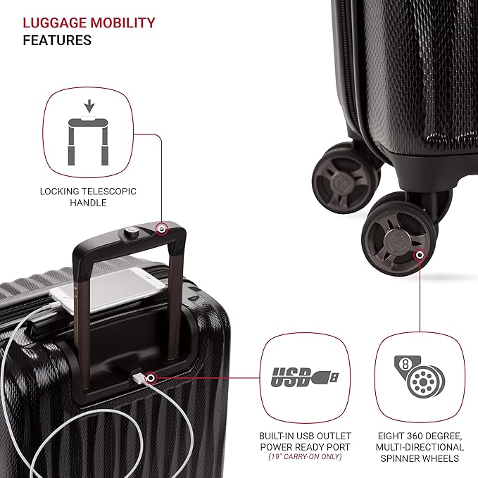 SwissGear 7272 Energie Expandable Hardside Luggage with Spinner Wheels and TSA Lock, Black, Carry-On 19-Inch