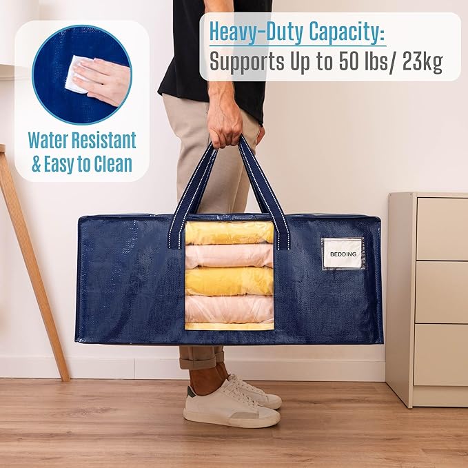 VENO 8 Pack Moving Bags Extra Large Storage Bags for College Move-In, Heavy-Duty Storage Totes, Packing Boxes, and Wardrobe Moving Supplies - Durable Laundry Bags for Clothes (Blue w/Window, 8 Pack)
