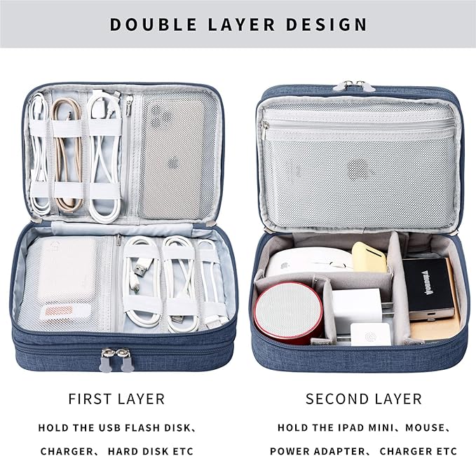 MIRLEWAIY Travel Cord Cable Organizer, Portable Electronics Accessories Carrying Bag Storage Case for Dad's Day Hard Drives, Cable, Cord, Charger, Hard Drive, Earphone, Dark Blue