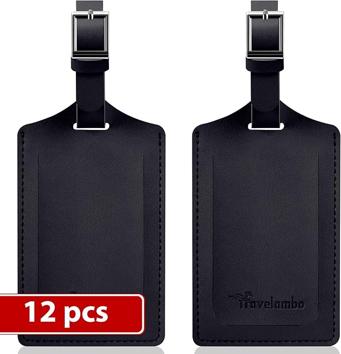 Travelambo Luggage Tags for Suitcases Faux Leather Privacy Protection 12 Pack Bag Tags Travel Accessories Essential, Black