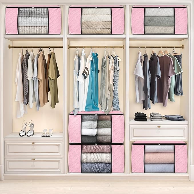 Fab totes 24 Gallons Clothes Storage, Foldable Thick Fabric Blanket Storage Bags, Containers for Organizing Bedroom, Closet, Clothing, Comforter, Organization with Handle (3 Pack,Pink)
