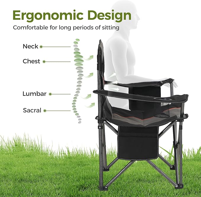 ALPHA CAMP Oversized Camping Folding Chair, Heavy Duty Support 450 LBS Steel Frame Collapsible Padded Arm Chair with Cup Holder Quad Lumbar Back, Portable for Outdoor