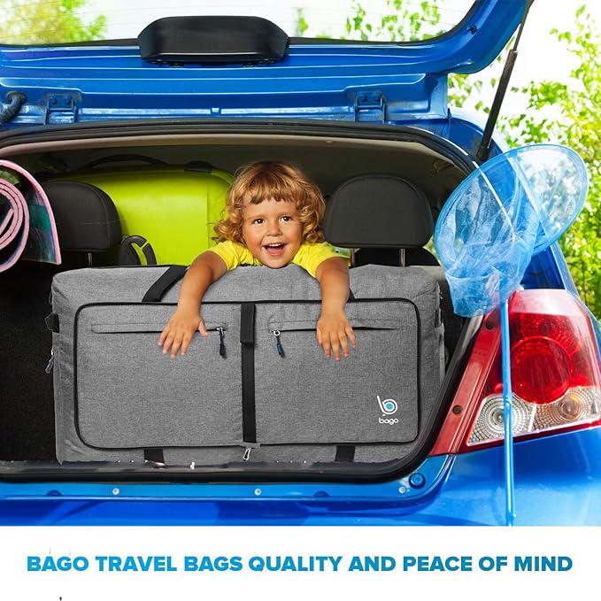 Bago Large Foldable Duffel Bags for Traveling Women & Men - 120L Packable Duffle Bag for Travel with Shoe Compartment - Water Repellant, Heavy Duty, Lightweight Folding & Collapsible (SnowGray)