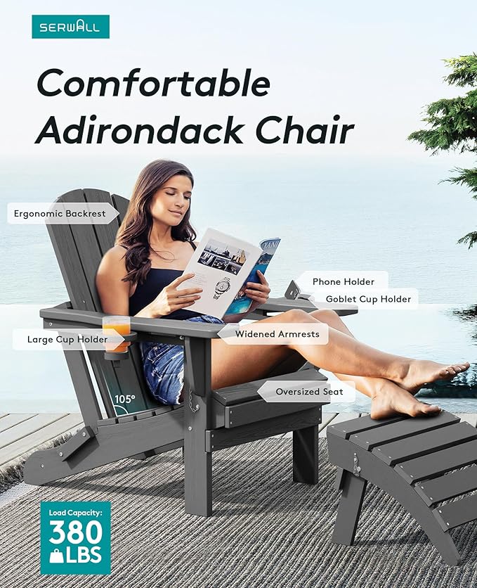 SERWALL Foldable Adirondack Chair Set of 4, HDPE Adirondack Chair with Wood-Texture-Gray