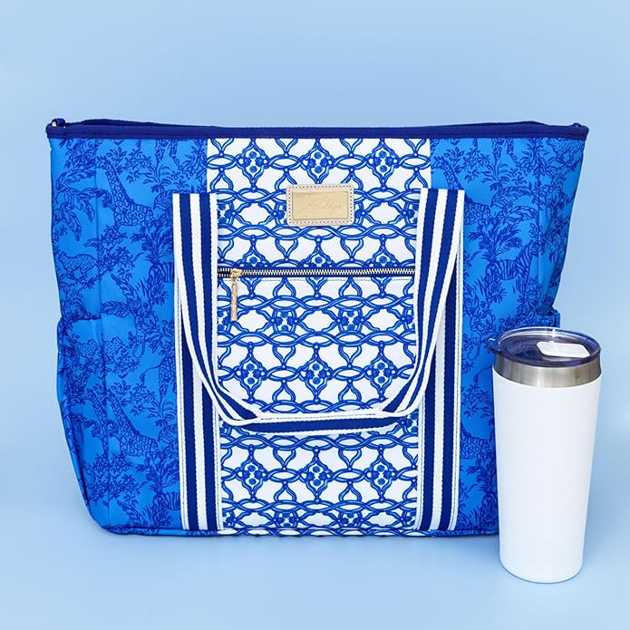 Lilly Pulitzer Picnic & Beach Cooler Bag, Insulated Soft Cooler with Adjustable Strap, Zippered Top & Pocket, Large for Groceries or Travel, Safari Party