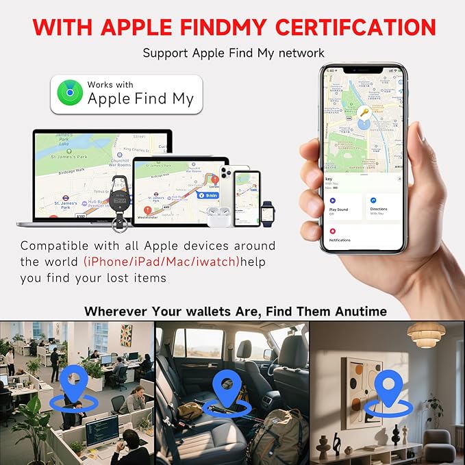 Keychain, Key Finder Works with Apple Find My, llaveros para Hombres,Carabiner Car Key Chains with GPS Tracker, Anti-Lost Keyring Finder Locator, Minimalist Key Holder for Men (iOS Only),Black