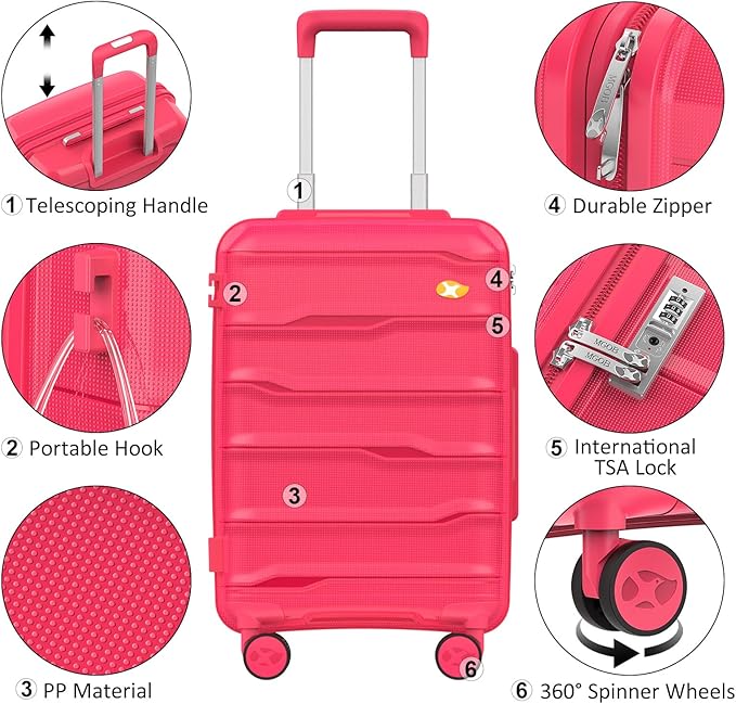 24 Inch Luggage with Spinner Wheels, Hard Shell Suitcase, Lightweight PP Luggages with TSA Lock, Checked-Medium Suitcases 24-Inch, Red