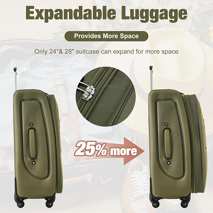 Merax Softside Luggage Set Softshell Lightweight 3 Piece Spinner Suitcase with Duffel Bag Expandable Upright Travel Luggage 22" 26" 30",Army Green