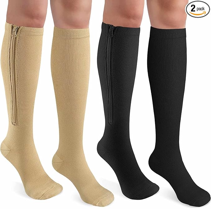 CASMON 2 Pairs Zipper Compression Socks for Women & Men, 15-20 mmHg Closed Toe Knee High Support Sock with Zipper for Varicose Vein Edema