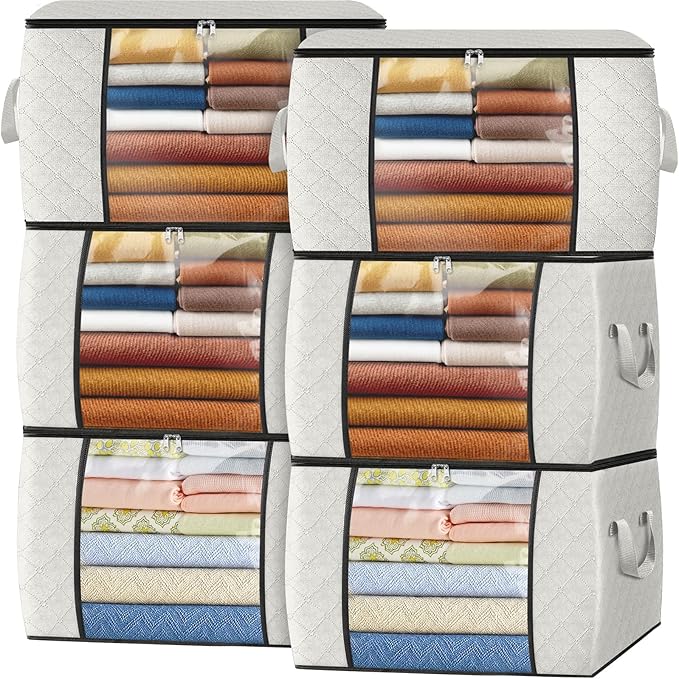 Fab totes 24 Gallons Clothes Storage, Foldable Thick Fabric Blanket Storage Bags, Containers for Organizing Bedroom, Closet, Clothing, Comforter, Organization with Handle (6 Pack,Ivory)