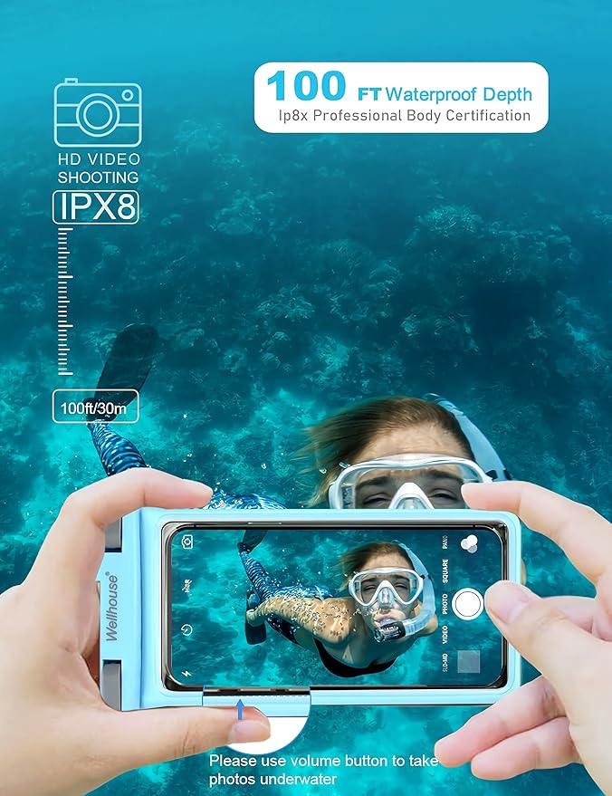 wellhouse Waterproof Phone Pouch, Waterproof Phone Case for iPhone 16 15 14 13 12 Pro Max XS Samsung, IPX8 3D Cellphone Dry Bag Beach Essentials (1 Pack - Light Blue7.0, 7 inch)