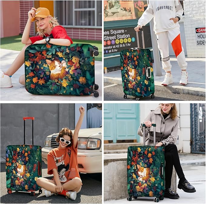 ANNA QUEEN Dreamy Cat Luggage Cover, Cat Sleeping in a Flower Field Design, Stretchable, Washable Travel Protector for 24-26 Inch Luggage