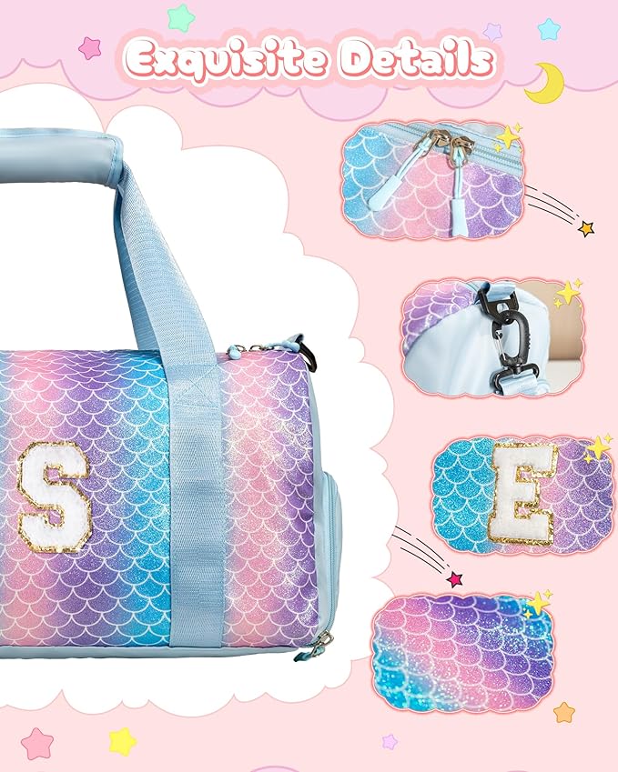 Girls Gifts 9-10 Year Old-Girl Gym Bag with Shoe Compartment, Kid Personalized Weekender Overnight Bags, Initial Travel Tote with Makeup Pouch, Kids Easter Gift (Letter V)