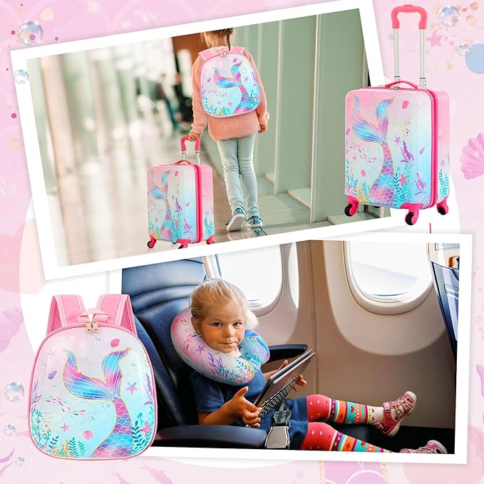 Sanwuta 4 Pcs Kids Luggage Set Kids Backpack Travel Rolling Suitcase with Wheels U-shape Pillow Childrens Gift for Girls Boys(17 Inch,Mermaid's Tail Style,Blue Purple)