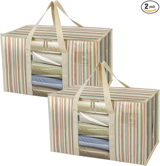 BALEINE 2-Pack Oversized Moving Bags with Reinforced Handles, Heavy-Duty Storage Tote for Clothes, Moving Supplies (Color Stripe with Window, 2-Pack)